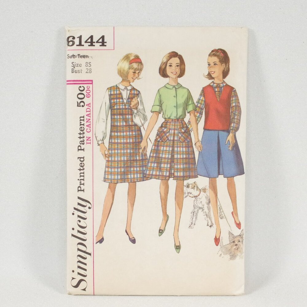 1965 Simplicity 6144 Girls One Piece Jumper or Top, Skirt, Blouse Size 8S Uncut